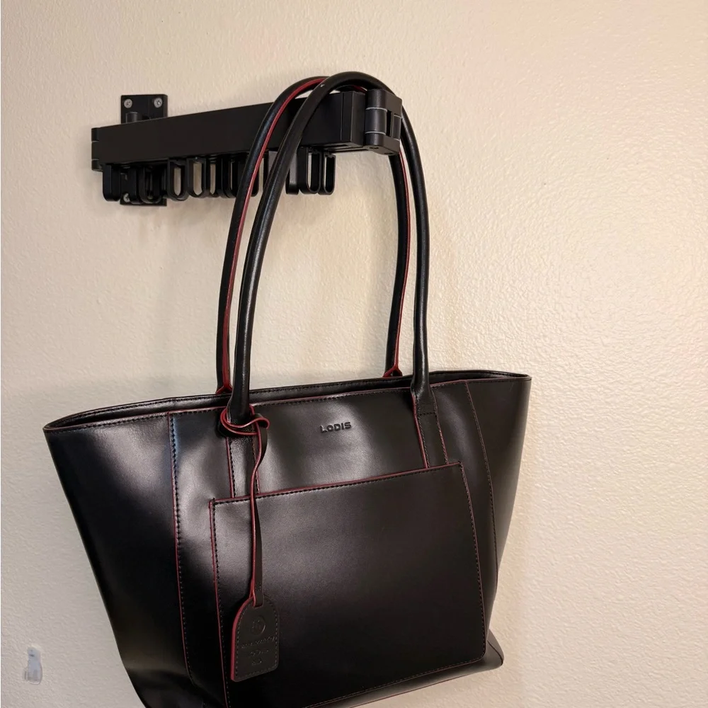 Lodis Black Red Edging Genuine Leather Large Tablet Tote Bag RFID & Cosmetic Bag